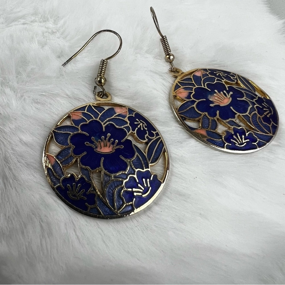 Vintage Cloisonné Floral Drop Earrings